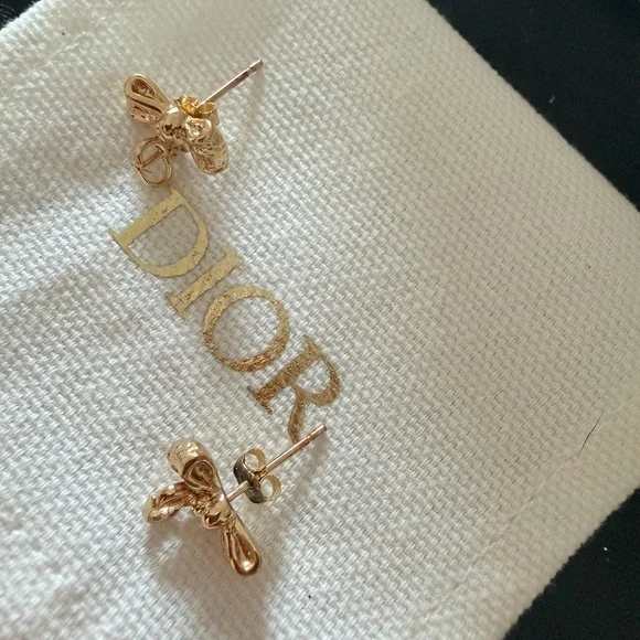 Dior Gold Bow Earrings with Logo Charm
